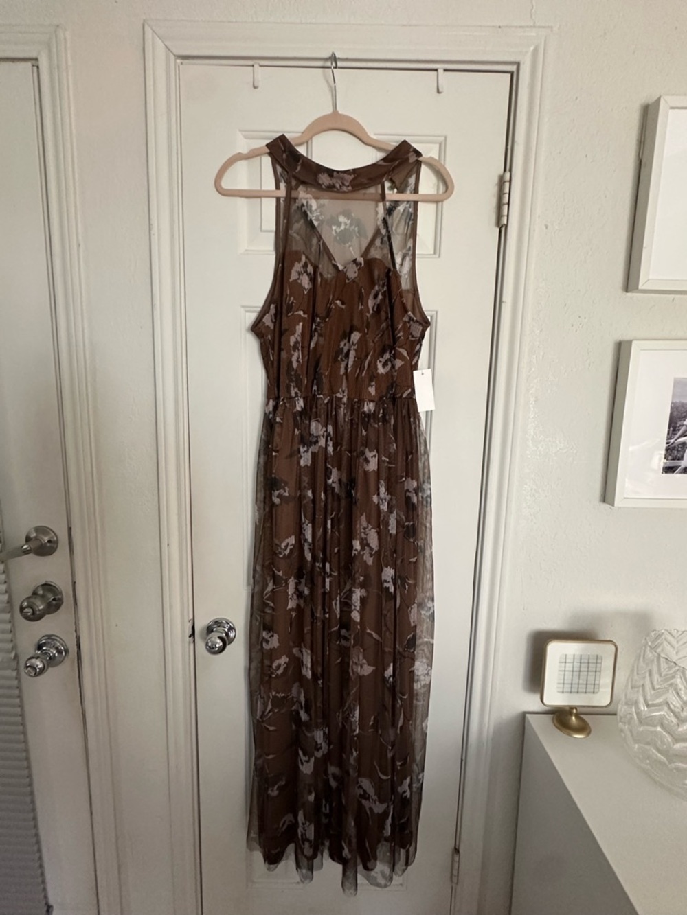 Brown Floral Mesh Maxi Dress with Sheer Overlay